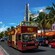 An open top, double decker bus driving on a street lined with palm trees, vintage hotels and cafes